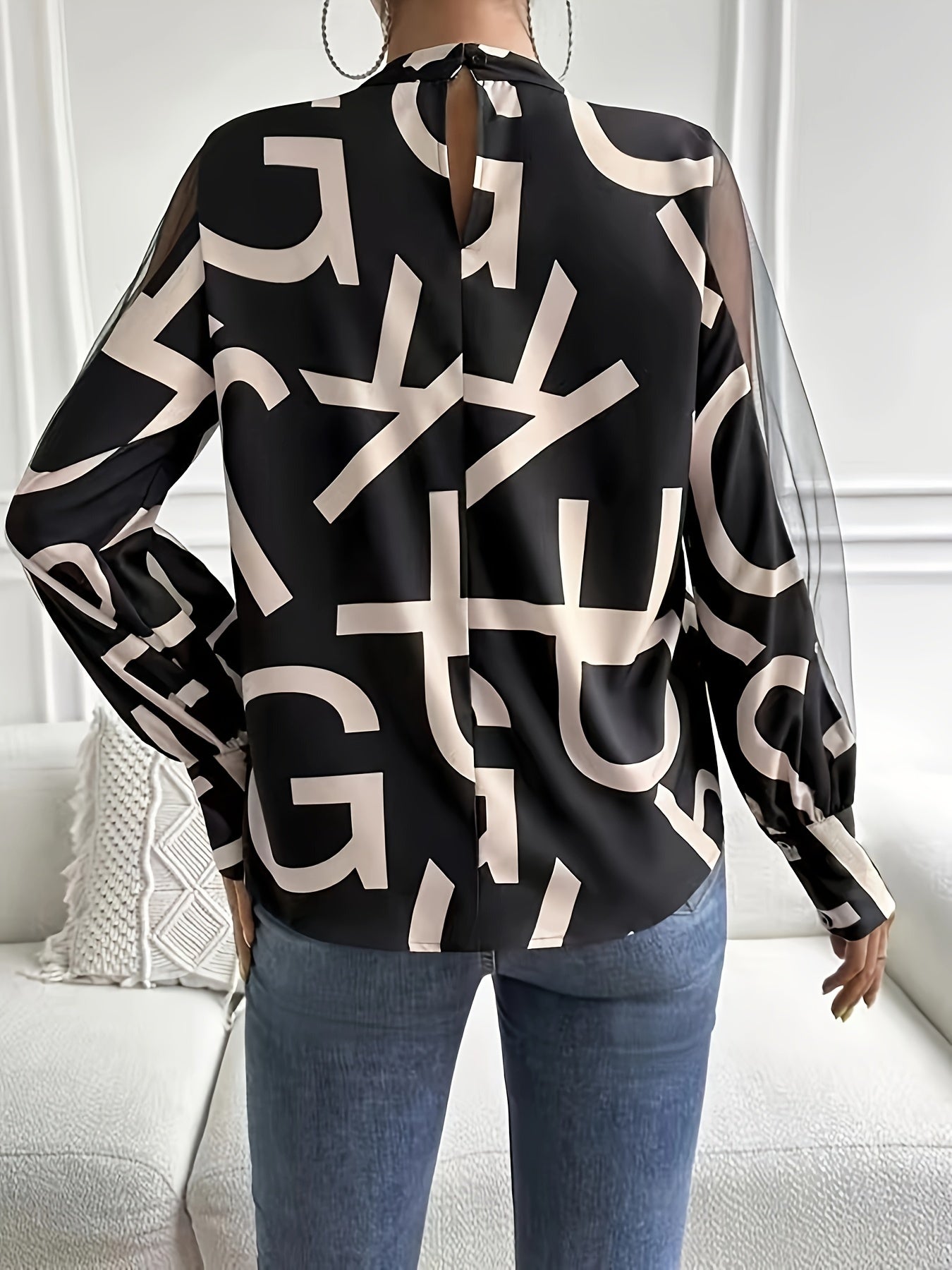 Letter Print Keyhole Mock Neck Blouse, Casual Long Illusion Sleeve Blouse