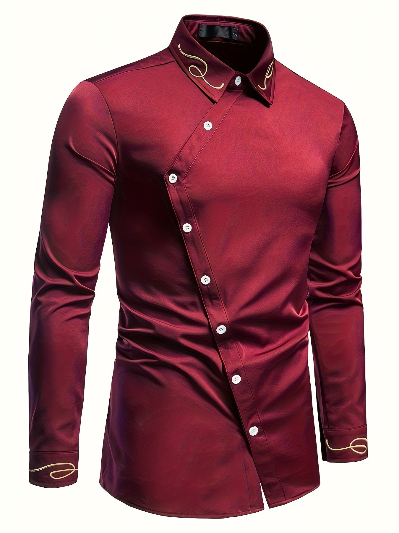 Embroidery Design Men's Stylish Asymmetrical Slim Long Sleeve Single Breast Shirt With Button