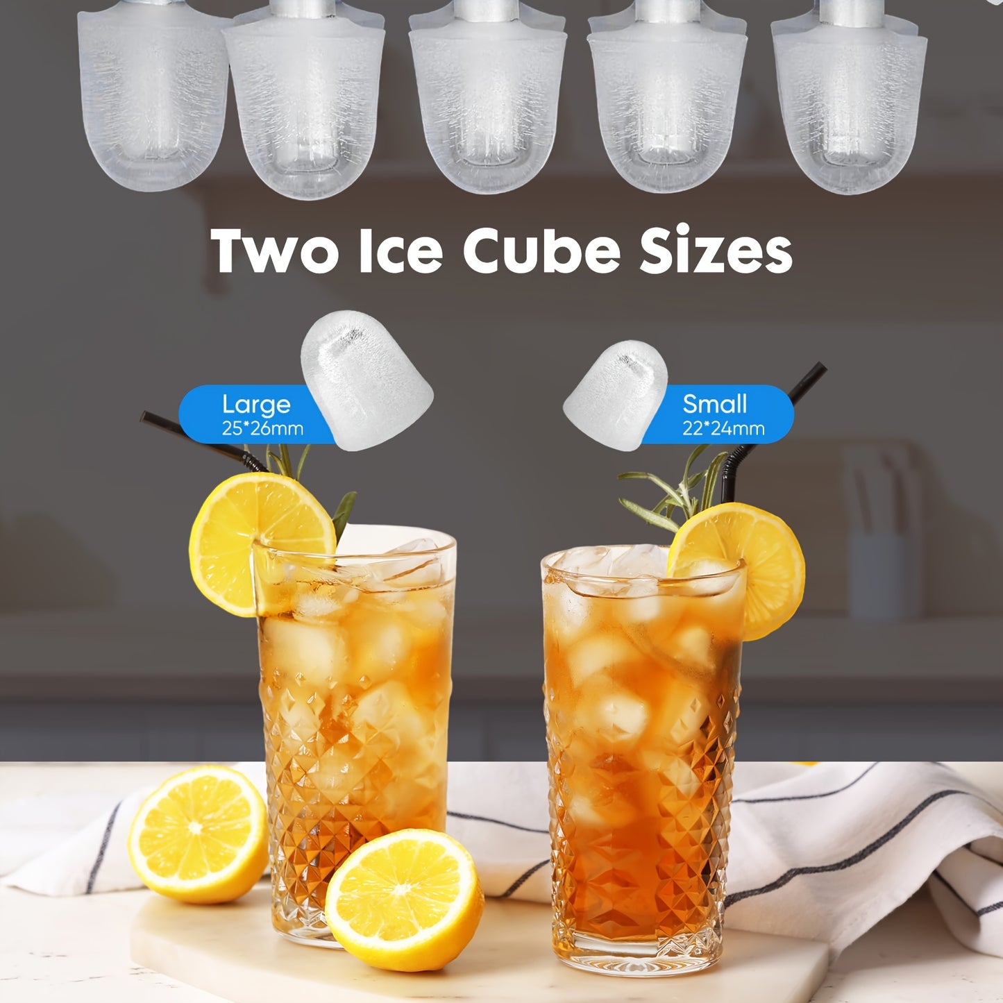 Countertop Ice Maker, Portable Ice Machine Self-Cleaning, 9 Cubes in 6 Mins, 26.5lbs/24Hrs, 2 Sizes of Bullet Ice, with Ice Scoop, Basket and Handle, Ice Cube Maker for Home Kitchen Party