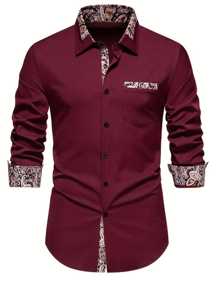 Men's Casual Paisley Print Long Sleeve Shirt with Button Down and Pocket Detail