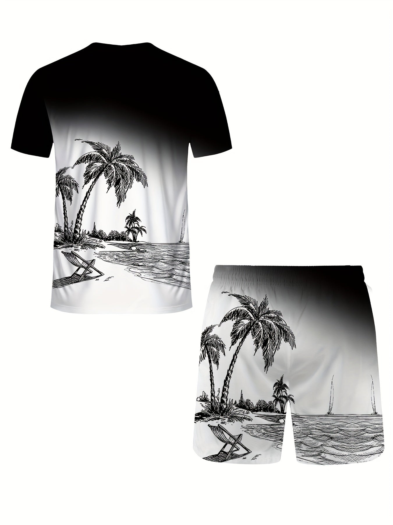 Men's Trendy Casual Comfy Tees & Shorts, Coconut Tree Graphic Print Crew Neck Short Sleeve T-shirt