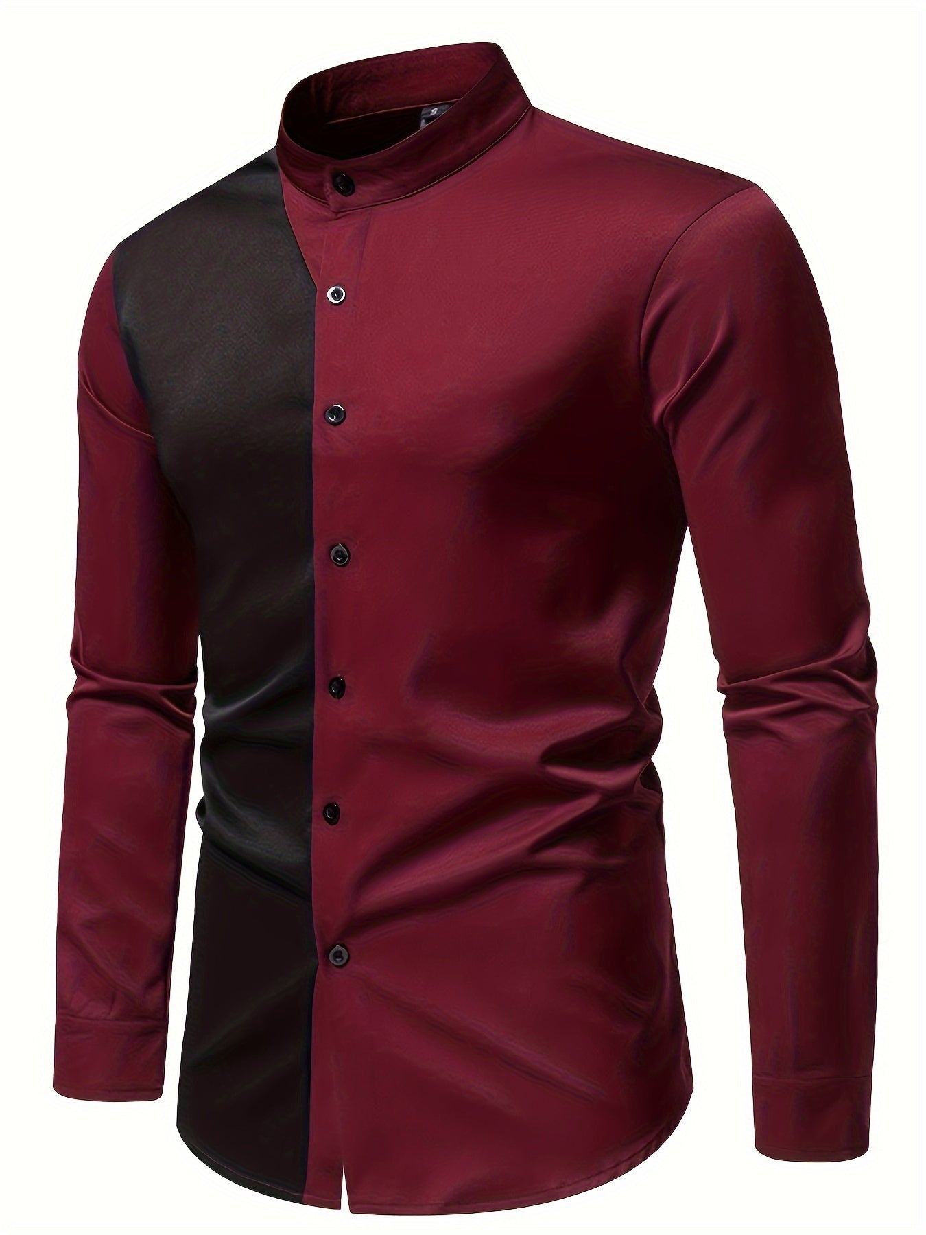 Color Block Long Sleeve Men's Stylish Stand Collar Shirt