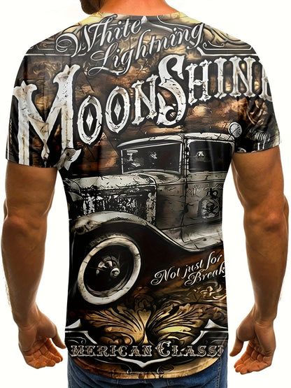 Men's Vintage 3D Casual Letter & Car Design Print Short Sleeve Crew Neck T-Shirt