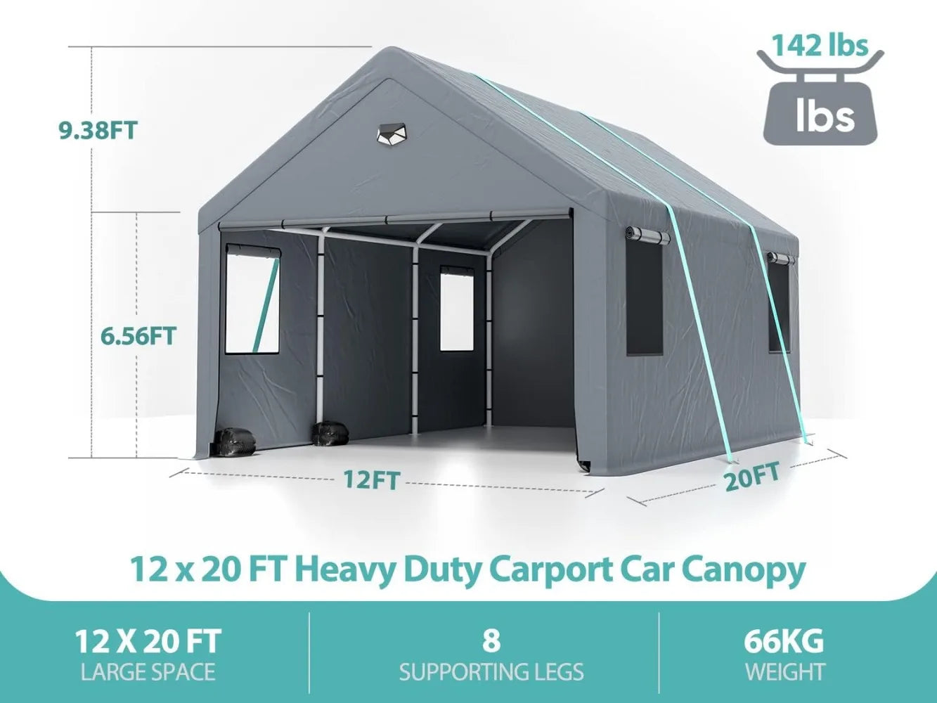 12 * 20 Heavy Duty Carport Canopy - Extra Large Portable Car Tent Garage with Roll-Up Windows and All-Season Tarp Cover