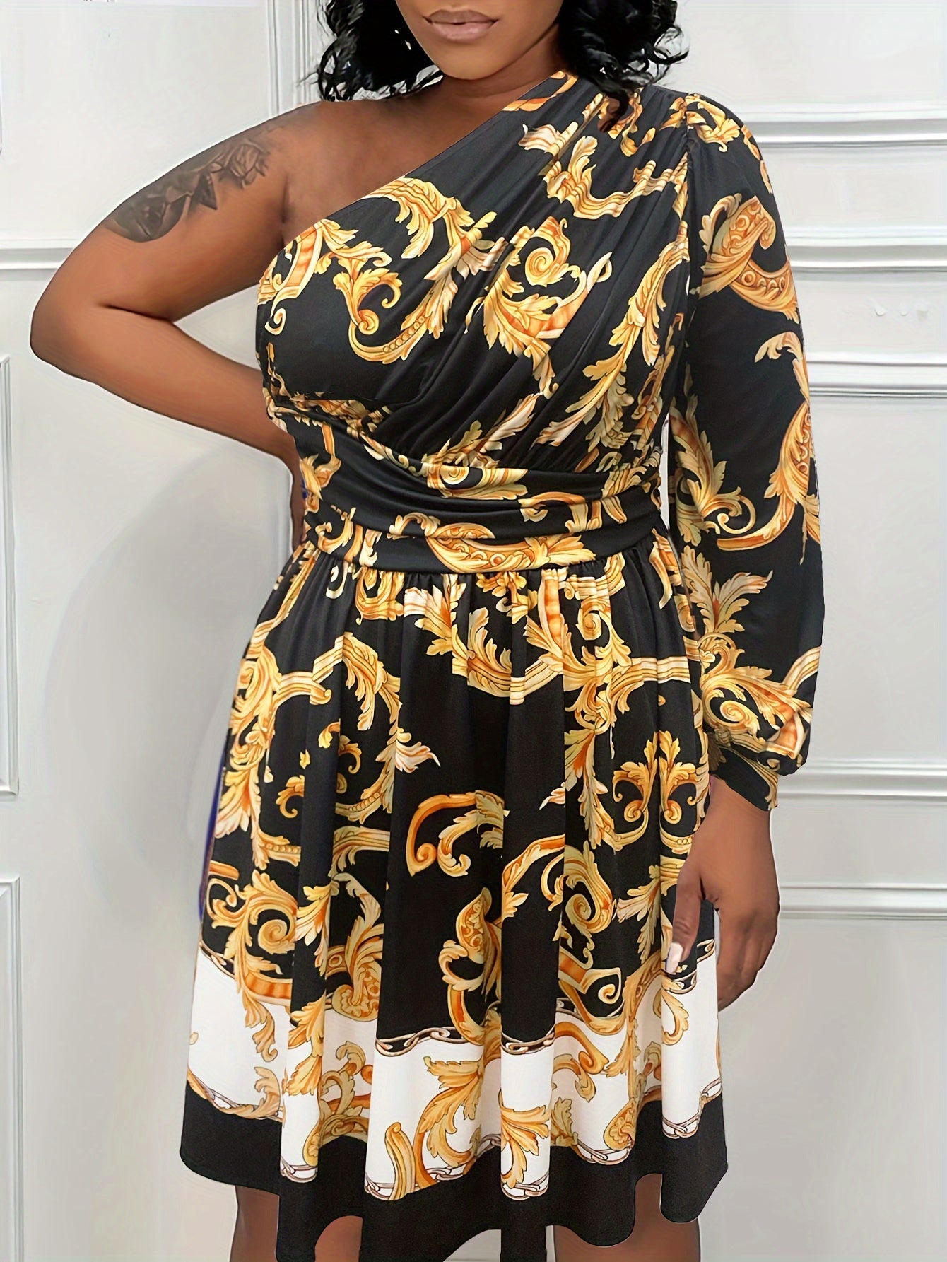 Plus Size Allover Print Dress, Elegant Long Sleeve One Shoulder Cinched Waist Dress