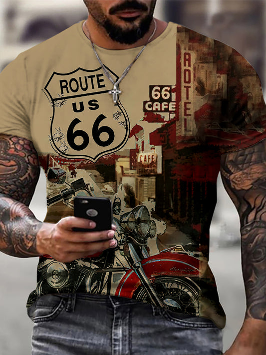 Motorcycle Print, Men's Graphic Design Crew Neck Active T-shirt