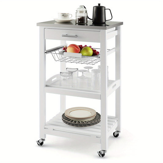 Compact Kitchen Island Cart Rolling Service Trolley w/Stainless Steel Top Basket