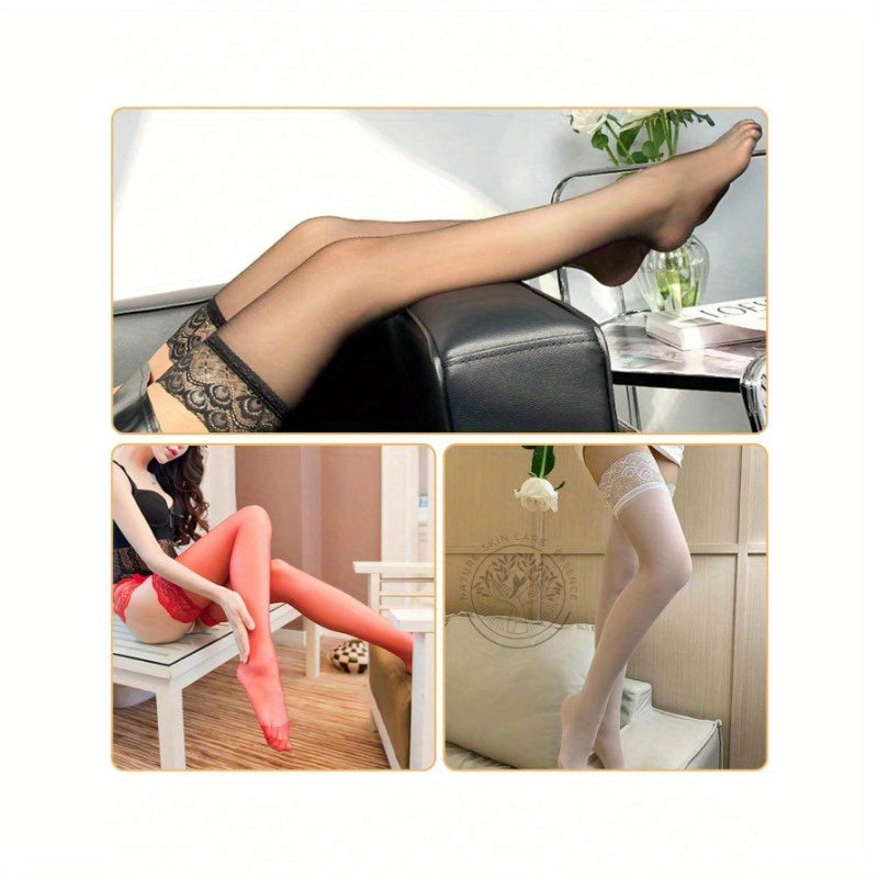 3 Pairs Women's Hold-Up Stockings: Black, White, Red - Thigh Highs with Anti-Skid Narrow Lace Top - Sexy, Comfortable, Sheer Knee High Stocking Tights