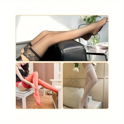 3 Pairs Women's Hold-Up Stockings: Black, White, Red - Thigh Highs with Anti-Skid Narrow Lace Top - Sexy, Comfortable, Sheer Knee High Stocking Tights