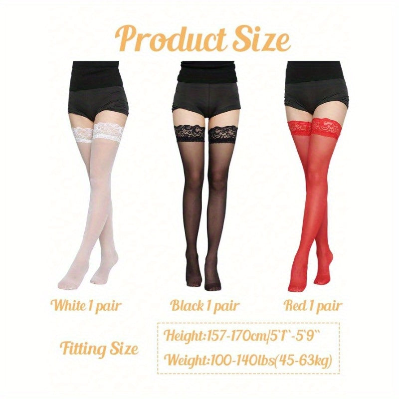 3 Pairs Women's Hold-Up Stockings: Black, White, Red - Thigh Highs with Anti-Skid Narrow Lace Top - Sexy, Comfortable, Sheer Knee High Stocking Tights