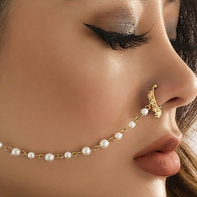 1 punk style imitation pearl earring chain nose clip, fake pearl decorative nose ring