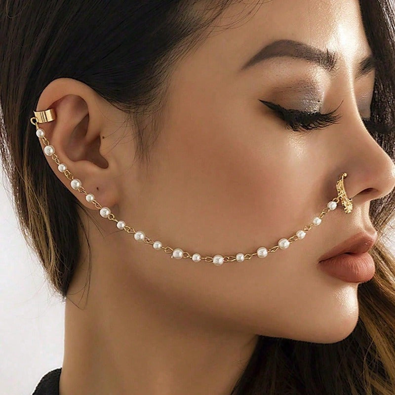 1 punk style imitation pearl earring chain nose clip, fake pearl decorative nose ring