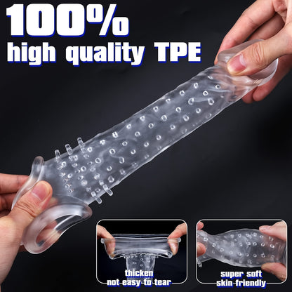 Extra Thick Reusable Penis Sleeve with Realistic Texture - Enhance Your Size & Pleasure, Includes Testicle Ring for Men