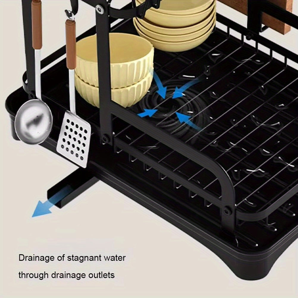 1Pc Multifunctional Dish Drying Rack with Drainboard, Large Capacity 2-Tier Dish Drainer with Swivel Spout, Rust-Resistant Kitchen Storage