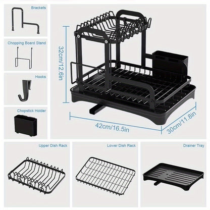 1Pc Multifunctional Dish Drying Rack with Drainboard, Large Capacity 2-Tier Dish Drainer with Swivel Spout, Rust-Resistant Kitchen Storage