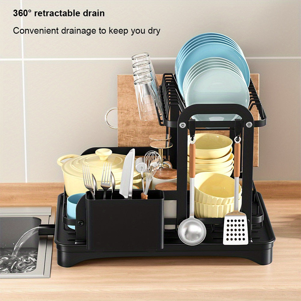 1Pc Multifunctional Dish Drying Rack with Drainboard, Large Capacity 2-Tier Dish Drainer with Swivel Spout, Rust-Resistant Kitchen Storage