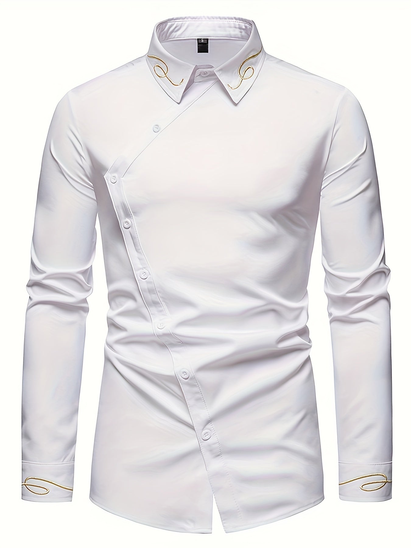 Embroidery Design Men's Stylish Asymmetrical Slim Long Sleeve Single Breast Shirt With Button