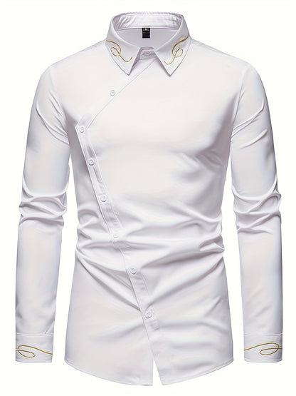 Embroidery Design Men's Stylish Asymmetrical Slim Long Sleeve Single Breast Shirt With Button