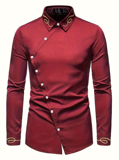 Embroidery Design Men's Stylish Asymmetrical Slim Long Sleeve Single Breast Shirt With Button