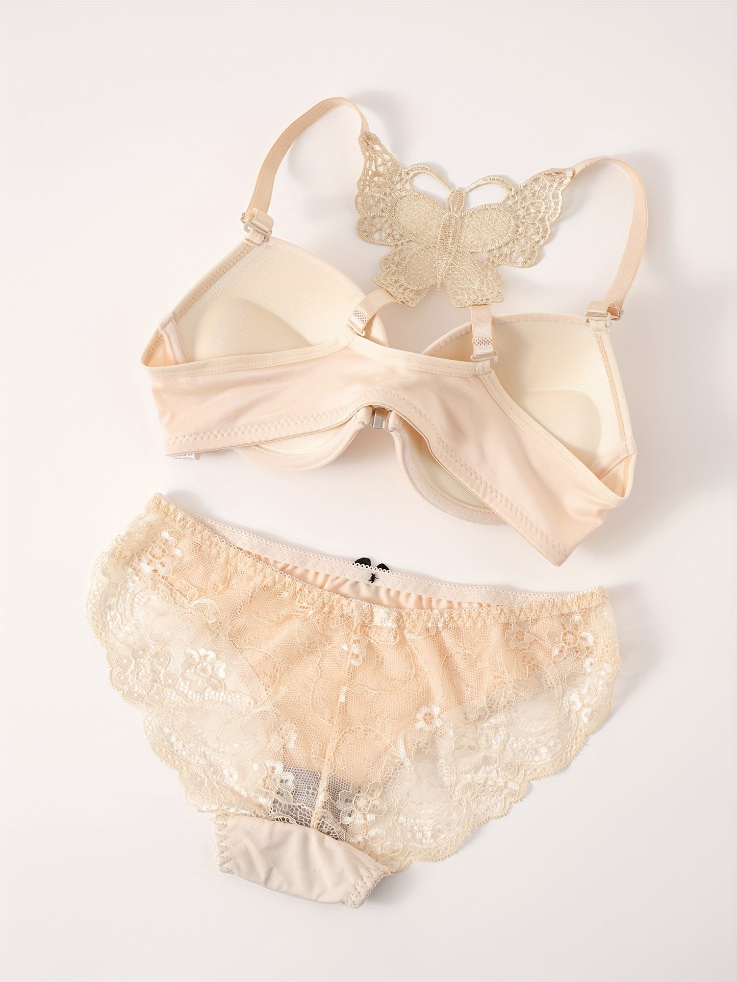 Plain Lace Butterfly Bra & Bow Decor Panty, Buckle Closure Front Push Up Bra & Panties Lingerie Set