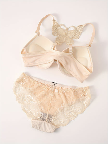 Plain Lace Butterfly Bra & Bow Decor Panty, Buckle Closure Front Push Up Bra & Panties Lingerie Set