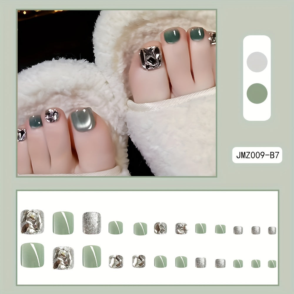 24pcs Glossy Green Cat's Eye Press-On Toenails with Rhinestones - Short Square Fake Nails for Feet