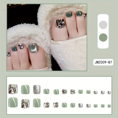 24pcs Glossy Green Cat's Eye Press-On Toenails with Rhinestones - Short Square Fake Nails for Feet