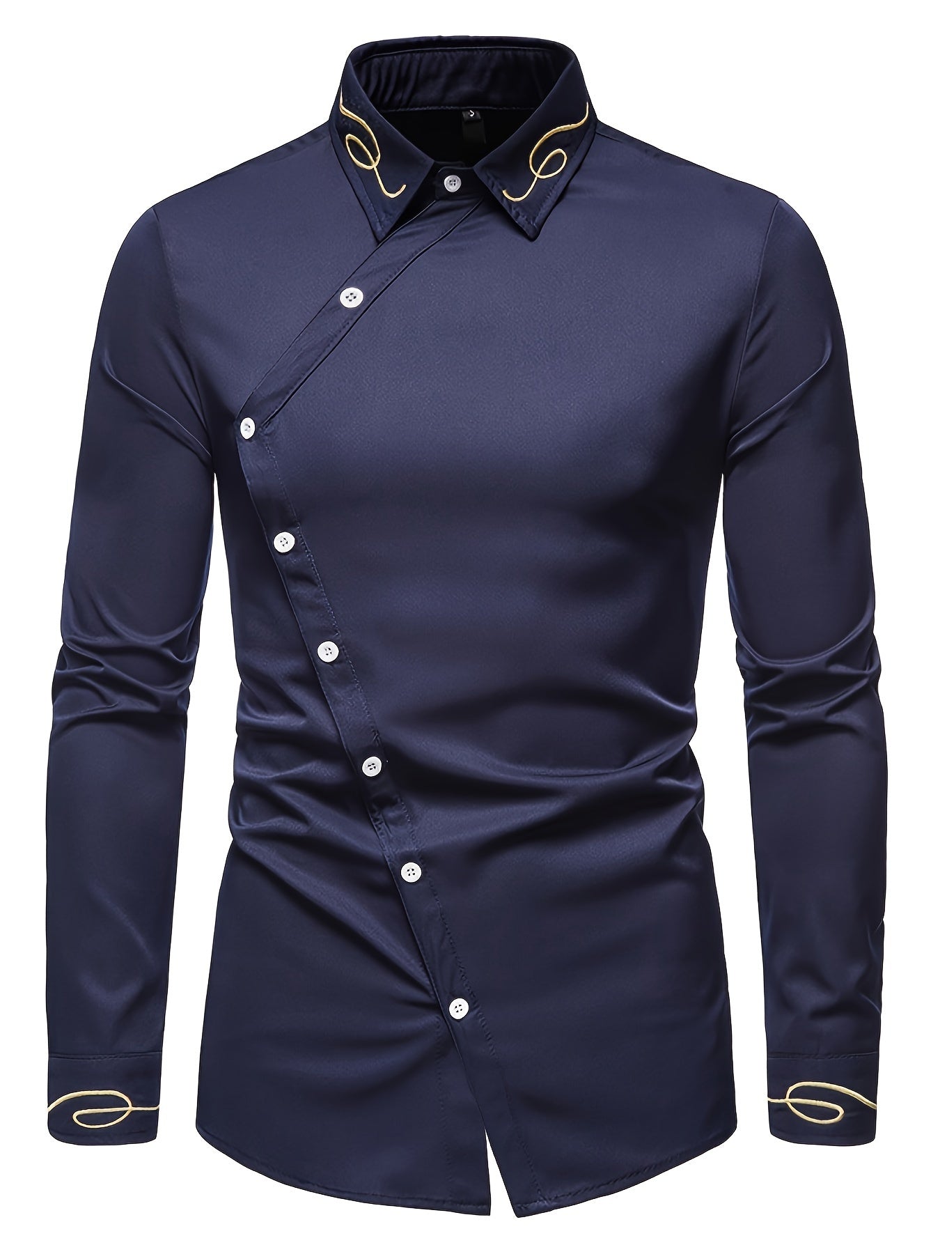 Embroidery Design Men's Stylish Asymmetrical Slim Long Sleeve Single Breast Shirt With Button