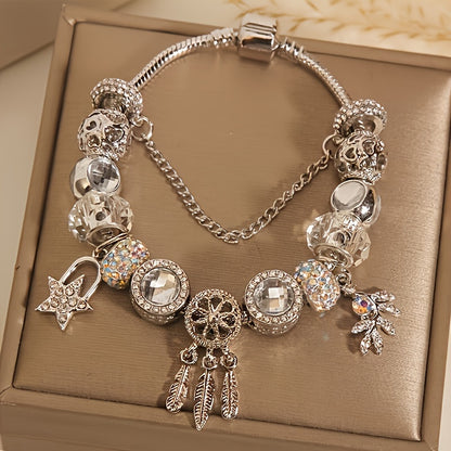 Beautiful Elegant Girls Charm Bracelet Silver Shiny Fashion Luxury Beaded Bracelet With Stars And Feather Charm