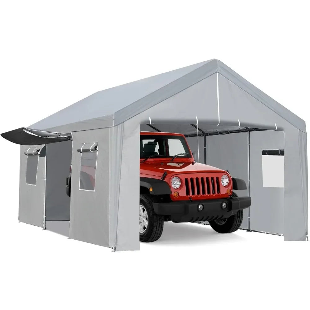 Carport, 13×20 FT Heavy Duty Car Canopy with Ventilated Windows, Removable Sidewalls & Zipper Doors, Portable Garage Boat Tent