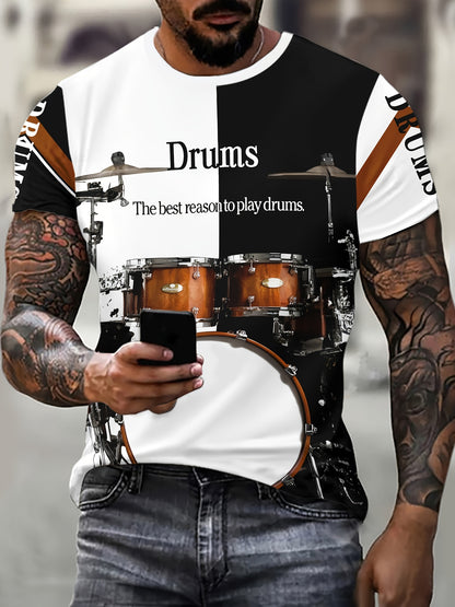 3D Drums Print Men's Trendy Color Block Short Sleeve Crew Neck T-shirt