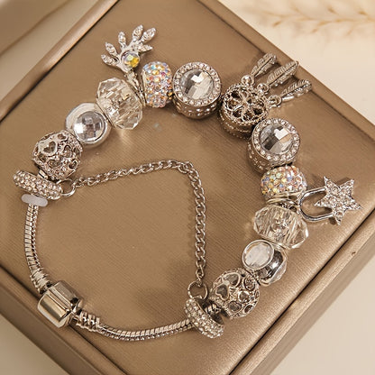 Beautiful Elegant Girls Charm Bracelet Silver Shiny Fashion Luxury Beaded Bracelet With Stars And Feather Charm