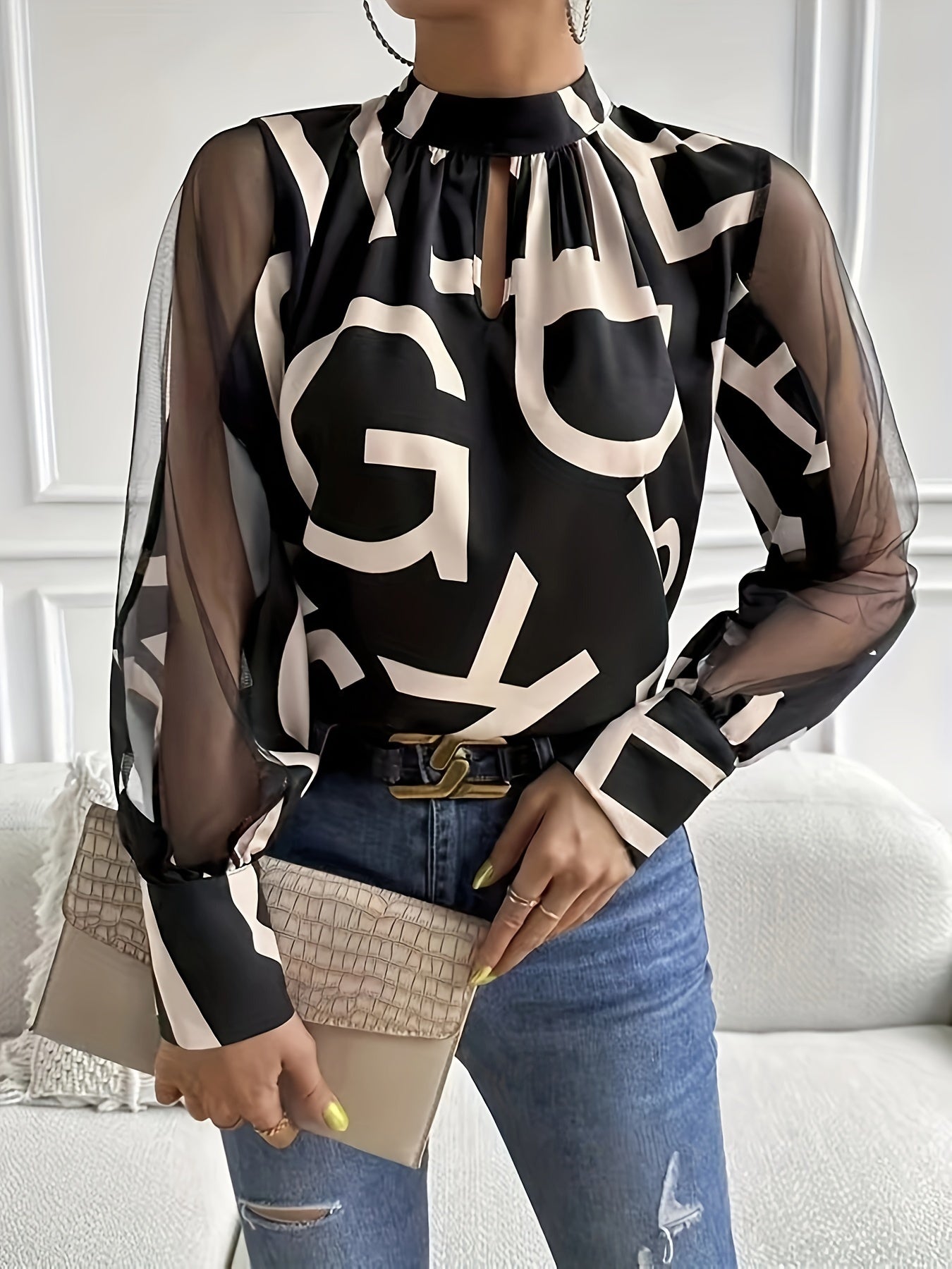 Letter Print Keyhole Mock Neck Blouse, Casual Long Illusion Sleeve Blouse