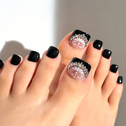 Black Press on Toenails, French Fake Toenails Square Glossy False Toenails White Flower Acrylic Toenails with Rhinestones Design