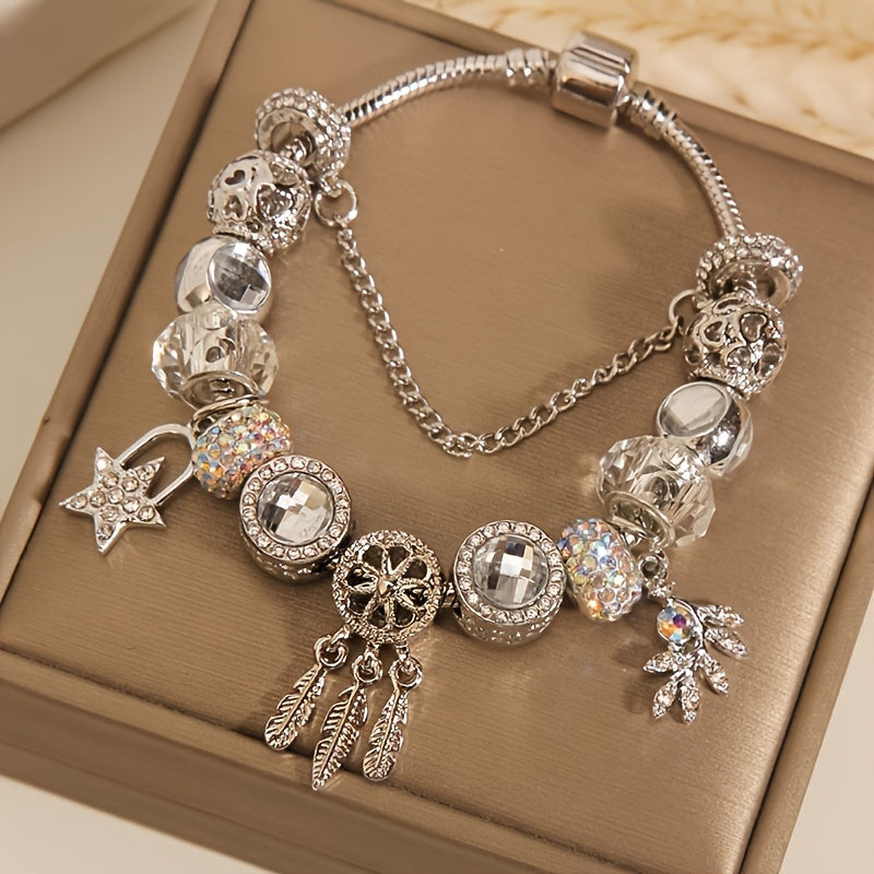 Beautiful Elegant Girls Charm Bracelet Silver Shiny Fashion Luxury Beaded Bracelet With Stars And Feather Charm