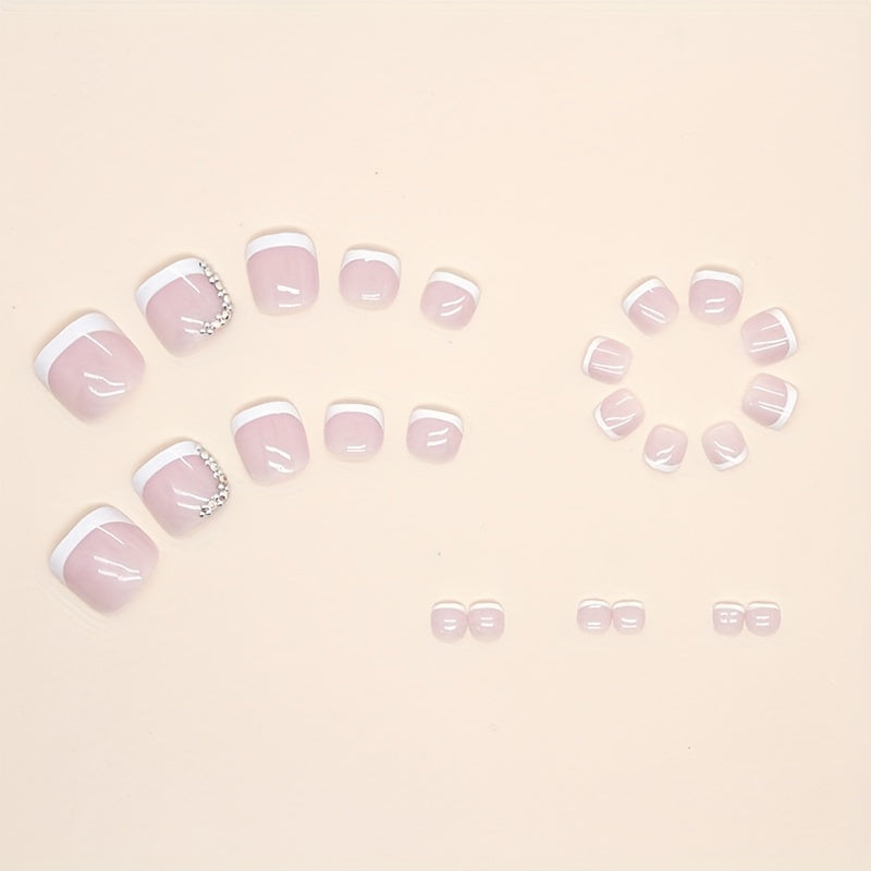 24pcs White French Tip Press On Toenails, Square Fake Toenails With Bling Rhinestone Design, Glossy Full Cover