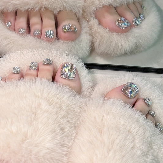 Glam Up Your Toes: 24 Pcs of Silver Glitter Fake Toenails with Rhinestones