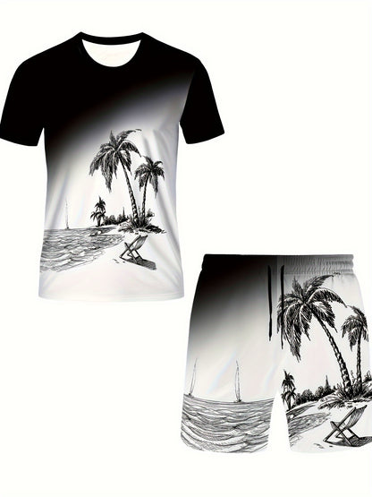 Men's Trendy Casual Comfy Tees & Shorts, Coconut Tree Graphic Print Crew Neck Short Sleeve T-shirt