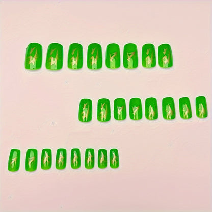 24pcs Luxe Green & Golden Glitter Press-On Nails Set - Medium Square, Glossy Finish for a Bold Look