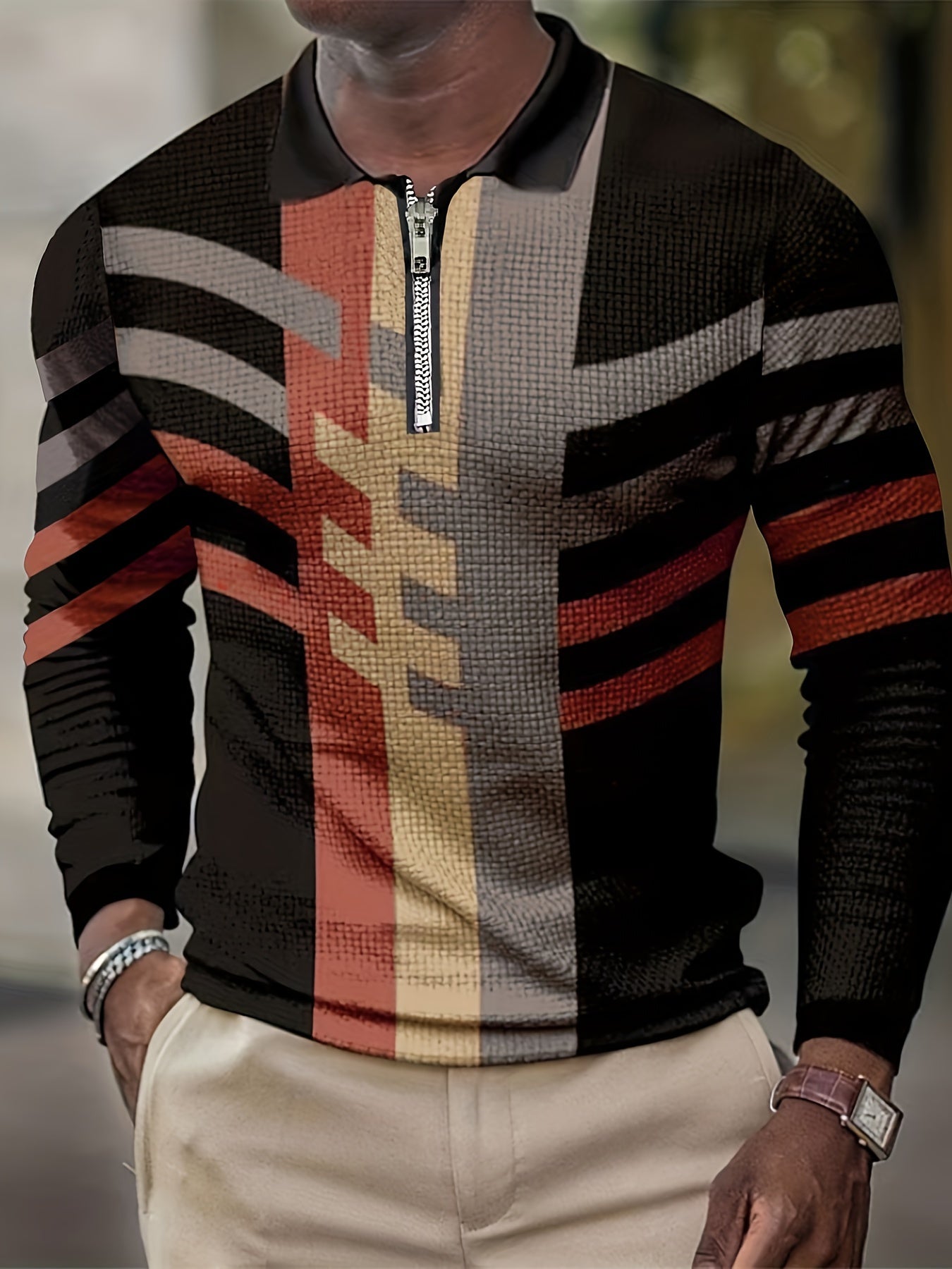 Men's Fashionable Long Sleeve Polo Shirt with Geometric Patterns