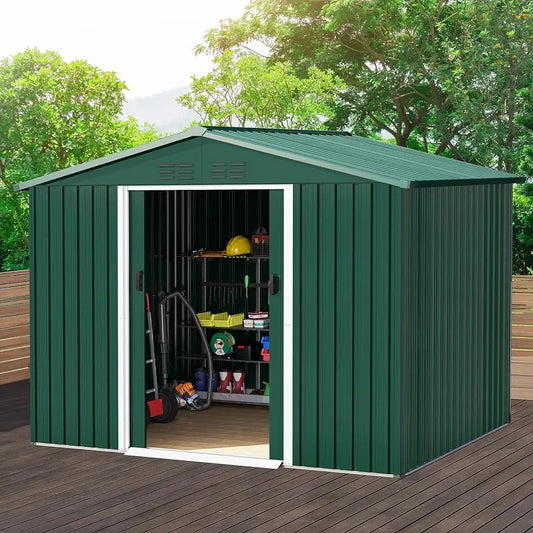 6X8 FT Outdoor Shed, Metal Tool Sheds, Heavy Duty Storage House with Sliding Doors, Green