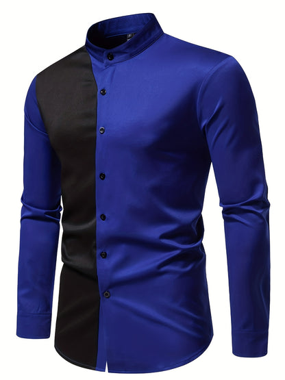 Color Block Long Sleeve Men's Stylish Stand Collar Shirt