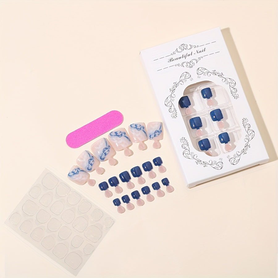 Blue Marble Nail Art False Toenails - Square Shape Short Nail Tips with Glossy Finish