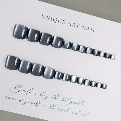 Square Shape Short Nail Tips, Gray Line Color Tone, Strobe Finish Pure Color Nail Forms - Easy Wear Press-On