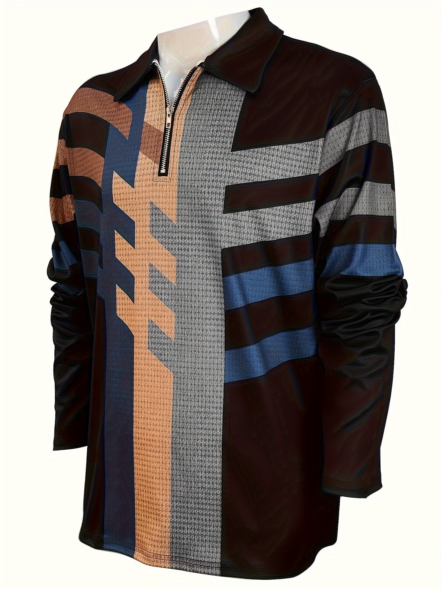 Men's Fashionable Long Sleeve Polo Shirt with Geometric Patterns