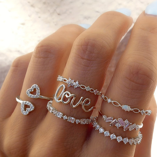 7pcs Coquette Style Stacking Rings Trendy Heart/ Love Design Inlaid Rhinestone/ Opal Mix And Match For Daily Outfits