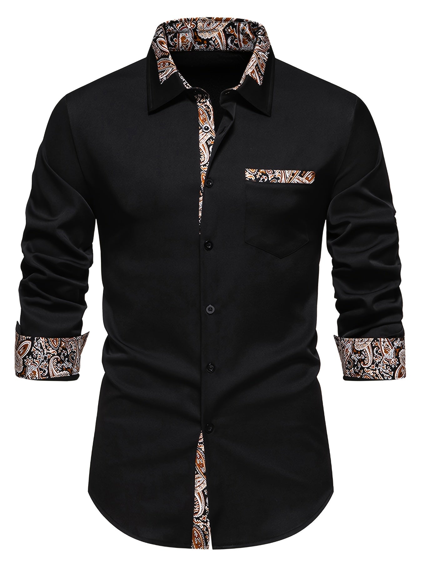 Men's Casual Paisley Print Long Sleeve Shirt with Button Down and Pocket Detail