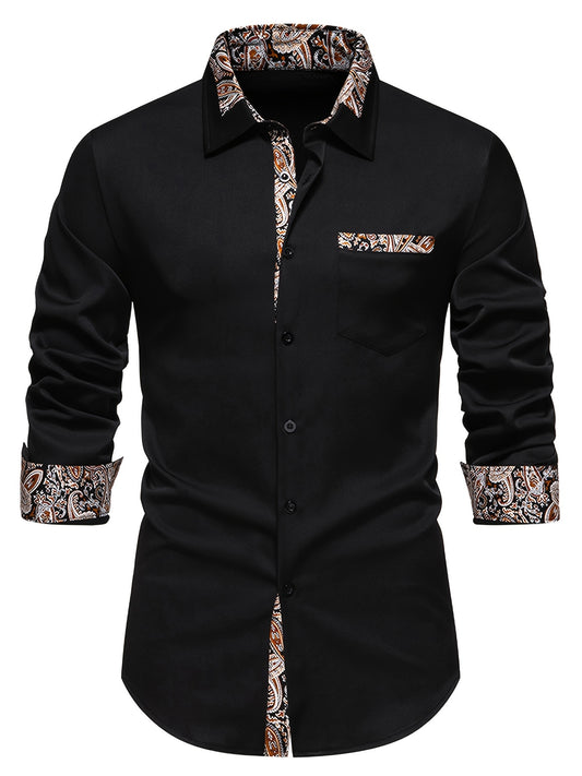 Men's Casual Paisley Print Long Sleeve Shirt with Button Down and Pocket Detail