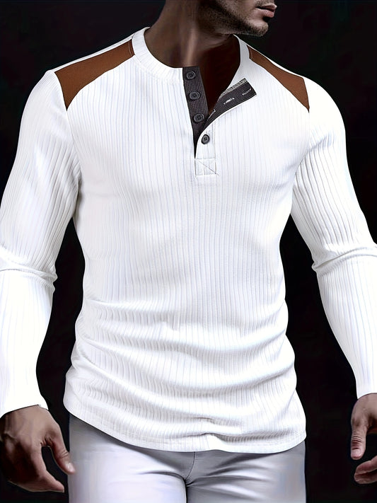 Men's Casual Henley Shirt with Color Block Design - Long Sleeve, Stretch Fabric