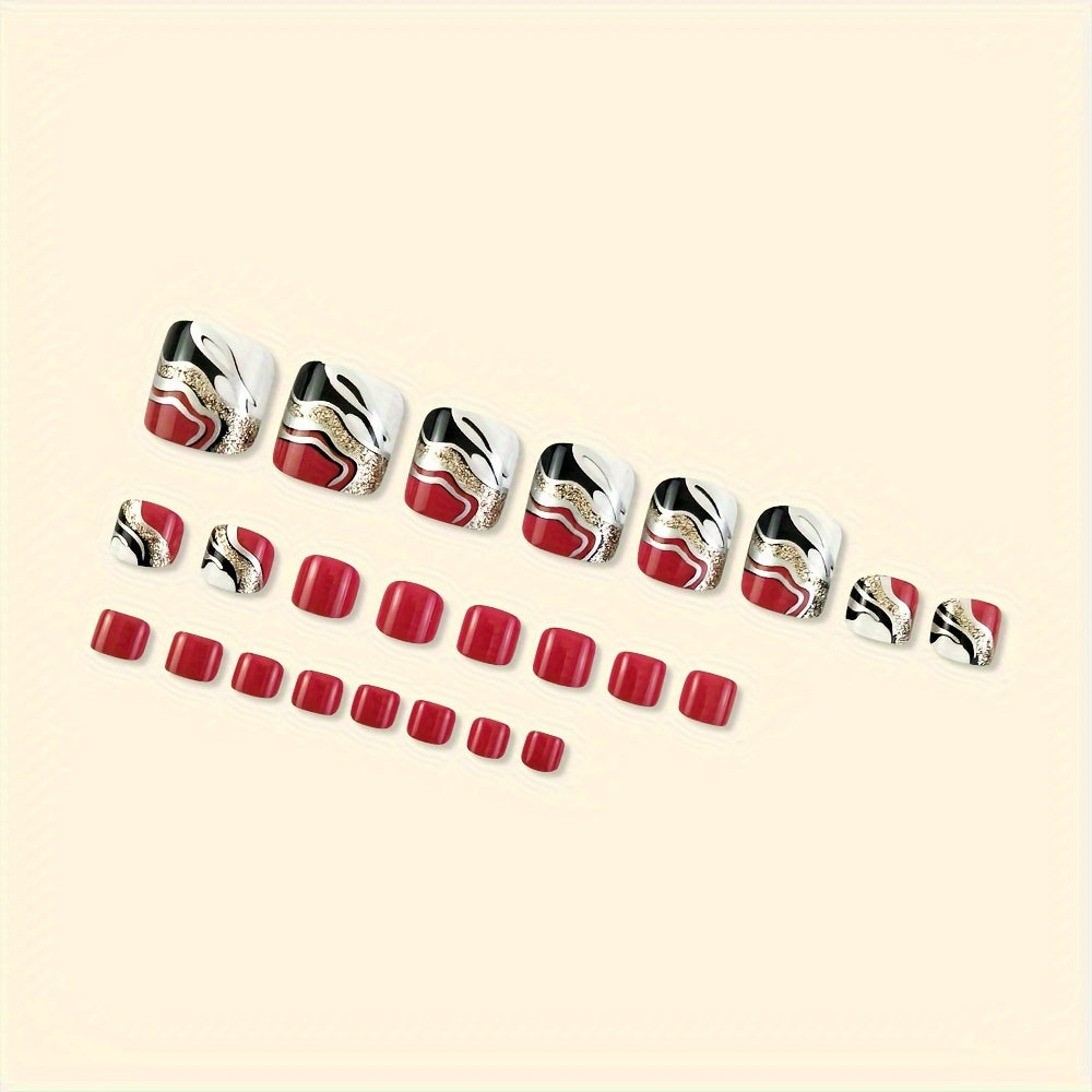 24pcs Set of Glossy Red & Black French Tip Press-On Toenails with Golden Accents